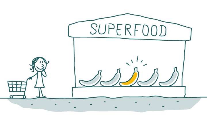 Be critical and make a clear distinction between real and fake superfoods! Woman wonders which superfood is really super and not only pretends to be super.